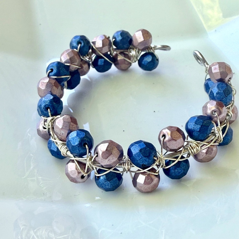 Lavender & Blue Faceted Beaded Open Bangle Cuff